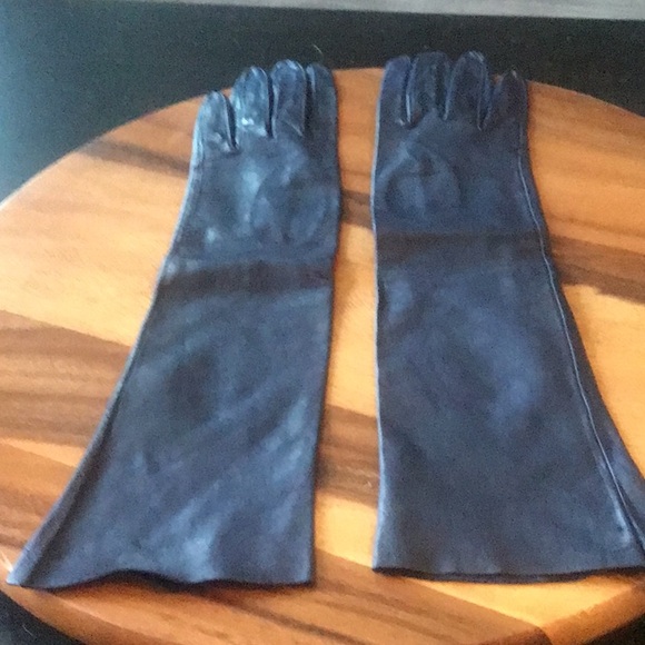 Navy blue leather Long gloves 6 1/2 vintage - Picture 4 of 7